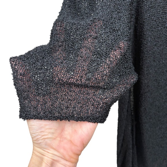 Chico's Asymmetrical Hem Open Knit Top Black Long Sleeve Tassel Hem Size 1 - Picture 2 of 7